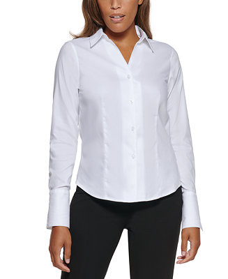 Petite Cotton Collared Button-Down Blouse | Macy's