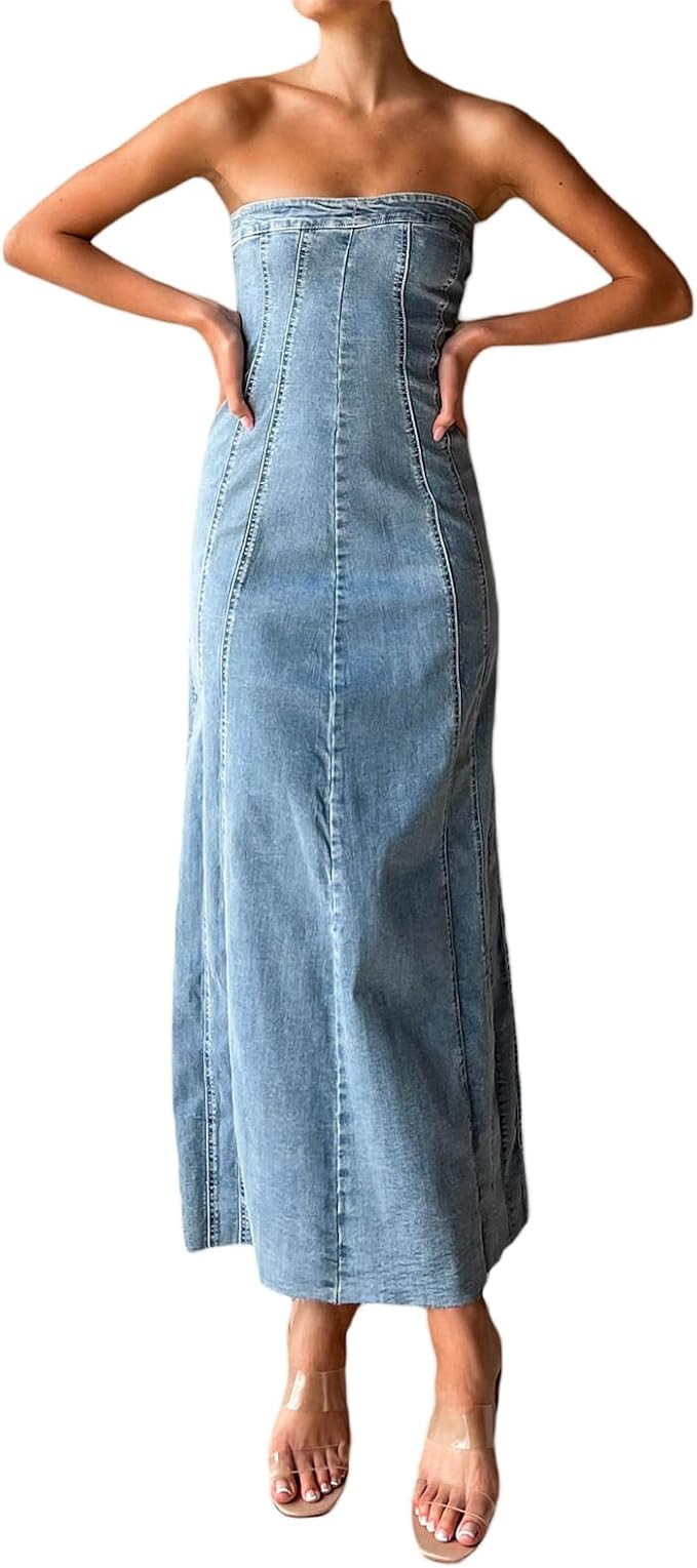 Women's Sexy Strapless Tube Top Sleeveless Split Backless Fitted Denim Midi Dress Club Outfits | Amazon (US)