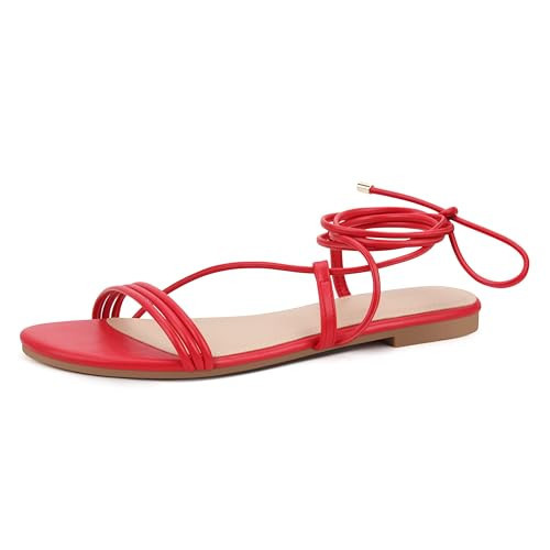 PARTY Women's Strappy Sandals Lace Up Flats Tie Up Open Toe Ankle Strap Shoes, Red, 8 | Amazon (US)