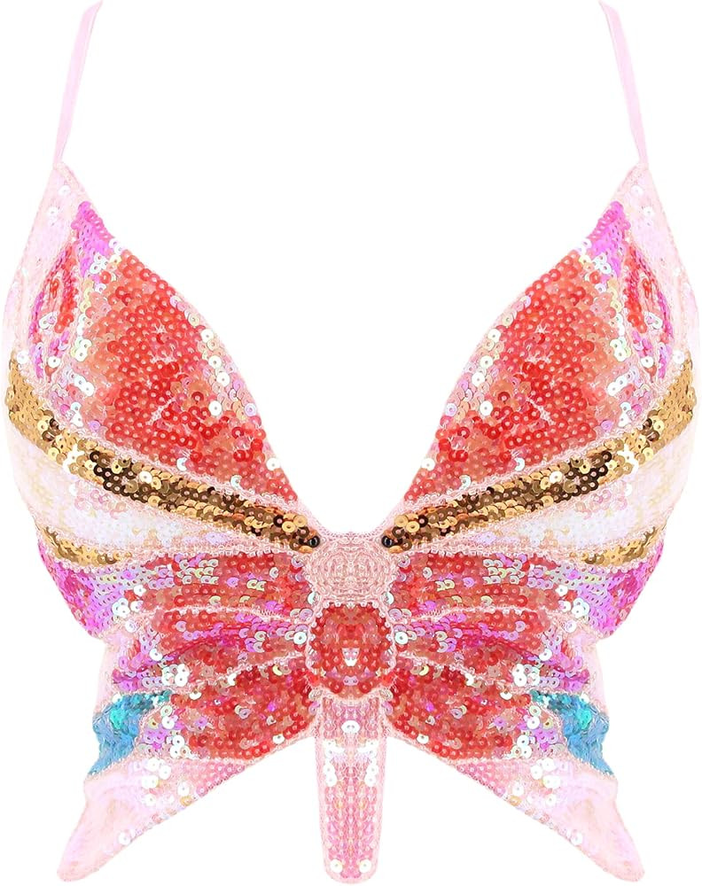 Mocure Womens Glitter Sequin Butterfly Crop Top Low-Cut Tank Top Rave Tube Vest Top for Belly Dan... | Amazon (US)