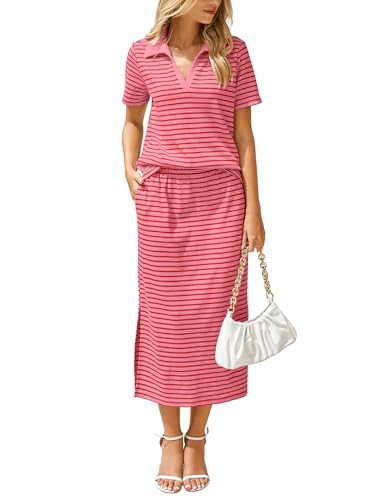 Glamaker Womens 2025 Summer Skirt Sets 2 Piece Outfits Casual Knit Striped Short Sleeve Travel Se... | Amazon (US)