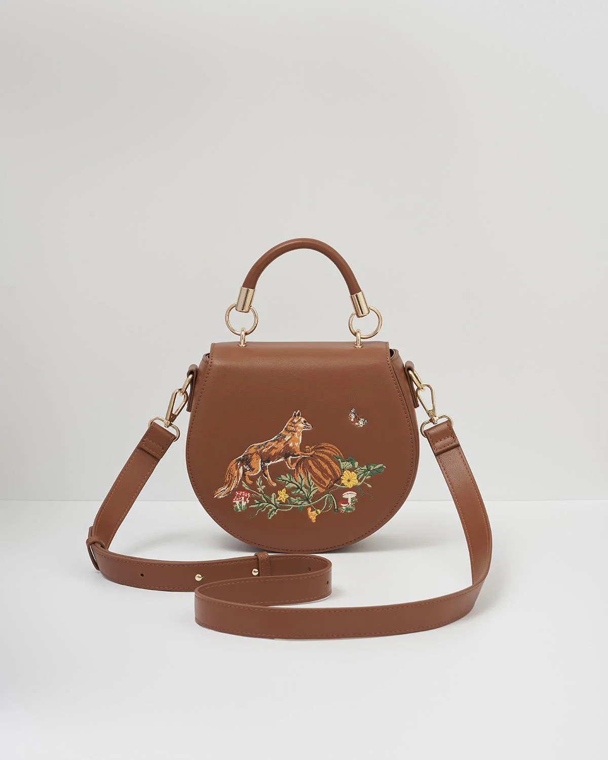 Fox & Pumpkin Embroidered Tan Saddle Purse | Fable England