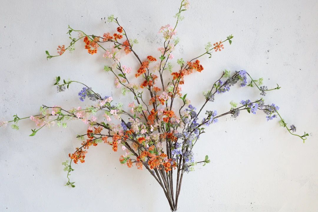 39" Artificial Blossom Branch With Buds in Orange/Blue/Pink, Faux Spring Plant Stem,| Centerpiece... | Etsy (US)