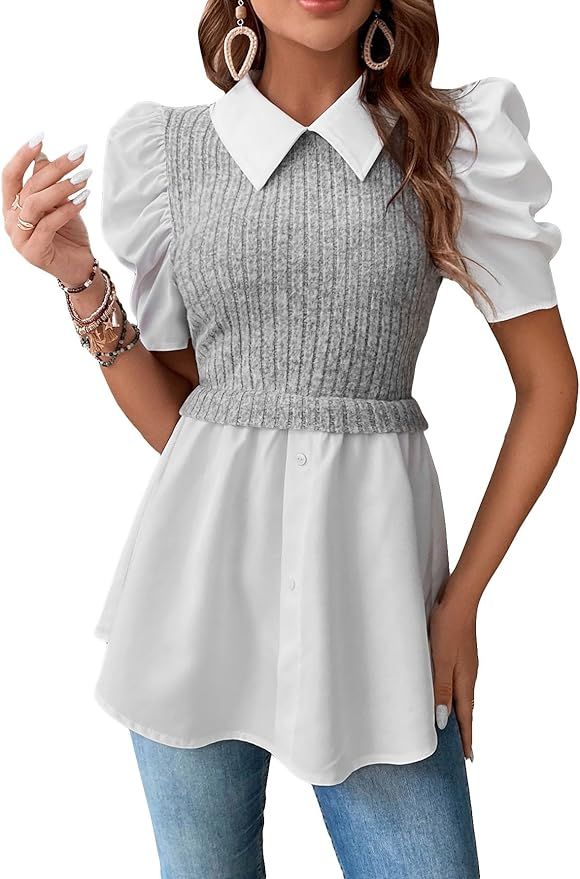 Verdusa Women's Puff Sleeve 2 in 1 Top Collar Button Front Peplum Blouse | Amazon (US)