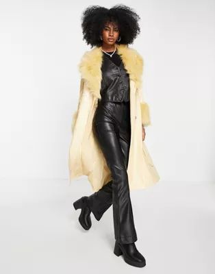 Topshop PU & faux fur trim long belted coat in buttermilk | ASOS (Global)