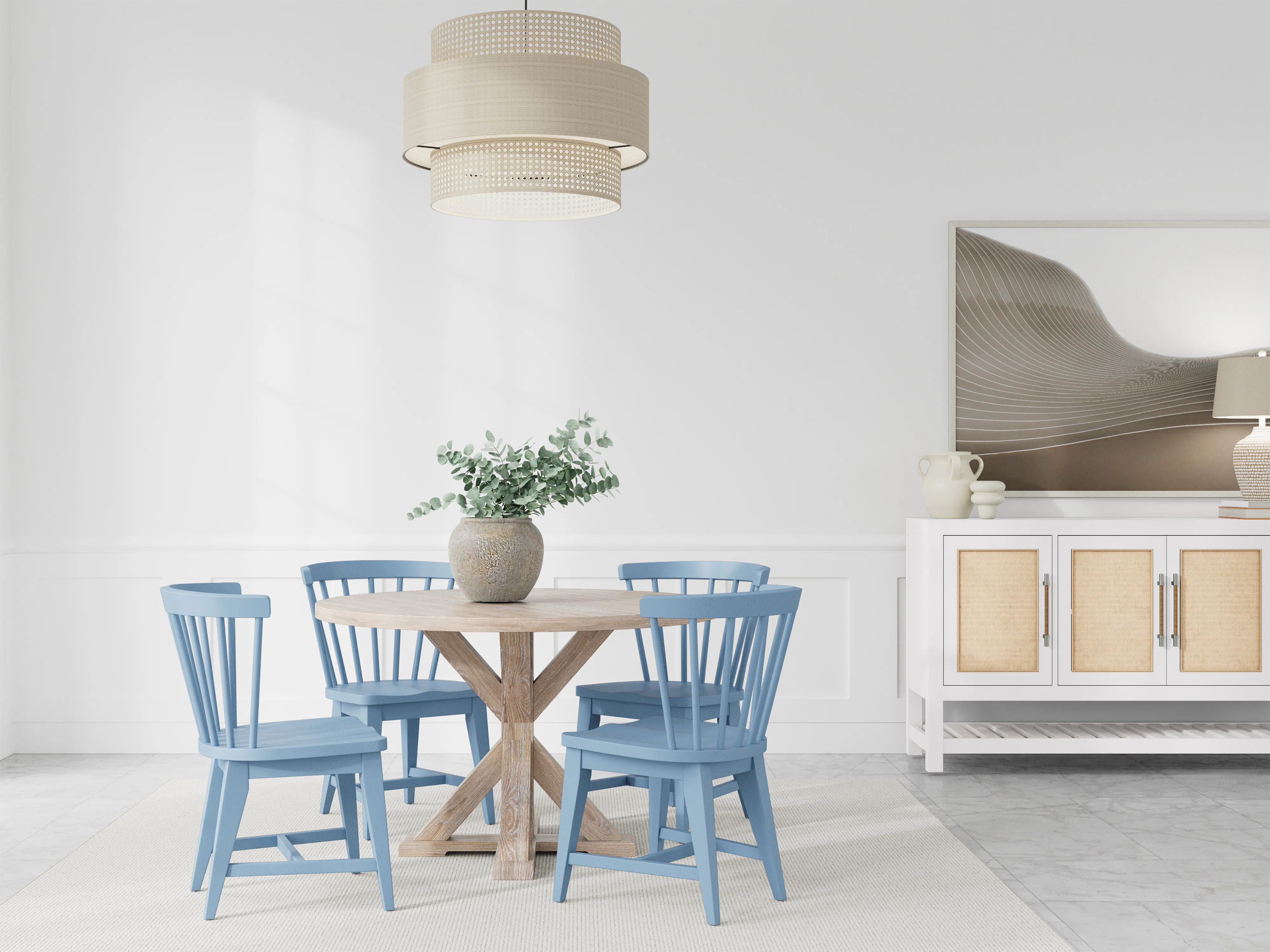 Lana Round Dining Table Set With Blue Wooden Side Chairs | Birch Lane