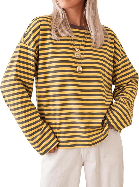 Cicy Bell Womens Striped Long Sleeve Shirts Crew Neck Casual Cotton Tops Loose Fit T Shirts | Amazon (US)