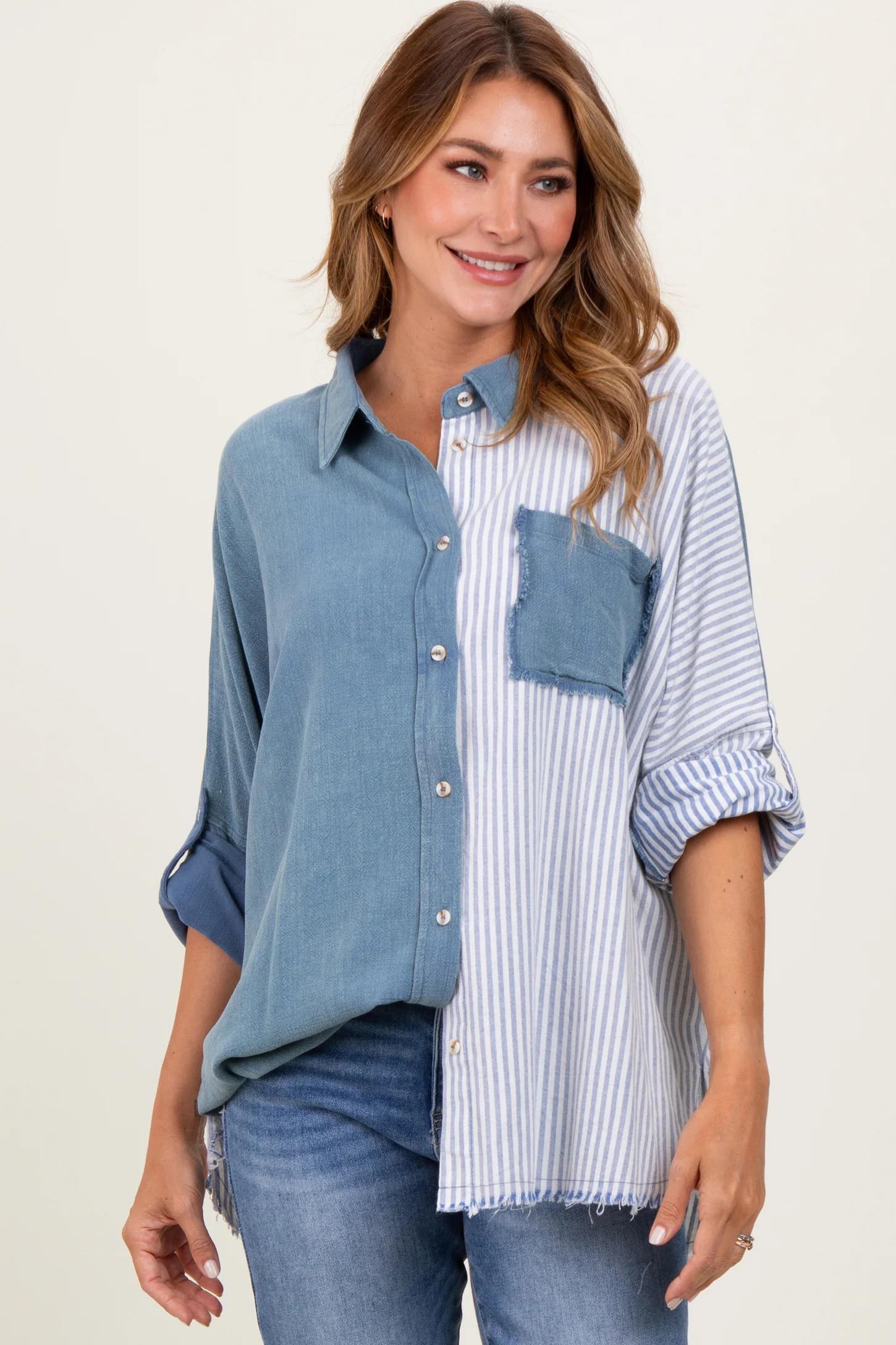 Blue Colorblock Stripe Oversized Button Down | PinkBlush Maternity
