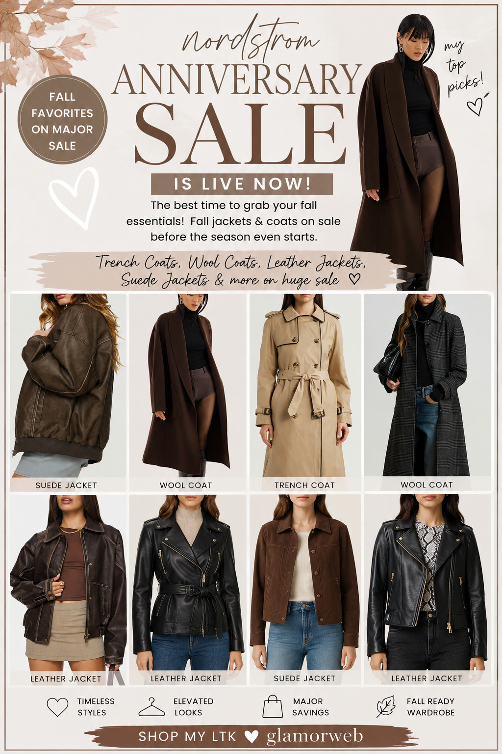The Nordstrom Anniversary Sale is officially LIVE and this is your sign to build the ultimate fall wardrobe 🍂✨ From timeless trench coats to cozy wool layers, buttery leather jackets, and rich suede staples—every piece in this edit is giving effortless, elevated fall energy. These are the kind of classics you’ll reach for year after year, styled for crisp mornings, coffee runs, and chic nights out. The best part? You’re getting ahead of the season AND scoring major savings. Don’t wait—these favorites always sell out fast 🛍️🤎

#nordstromanniversarysale #nsale #fallfashion #fallstyle #fallwardrobe #trenchcoat #woolcoat #leatherjacket #suedejacket #cozystyle #ltkstyle #ltkfashion #falloutfits #capsulewardrobe #layeringseason #autumnvibes #salealert #fashiondeals #chicstyle #outfitinspo 

 #LTKSeasonal #LTKU #LTKSaleAlert