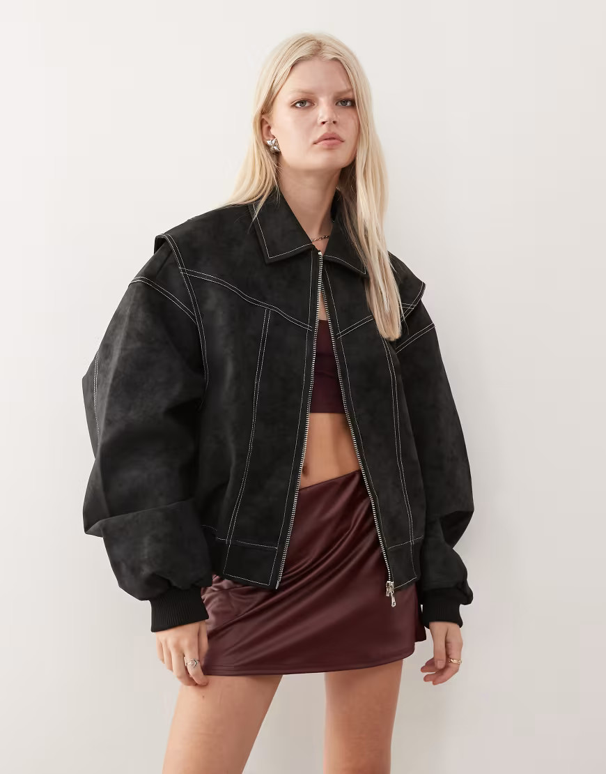 Lioness Vista leather look contrast stitch bomber jacket in black | ASOS (Global)