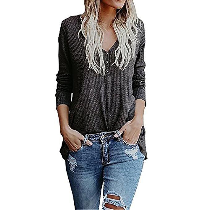 Roselux Women's Long Sleeve Button V Neck Henley Tops Casual Loose Knit Pullover Sweater Blouses | Amazon (US)