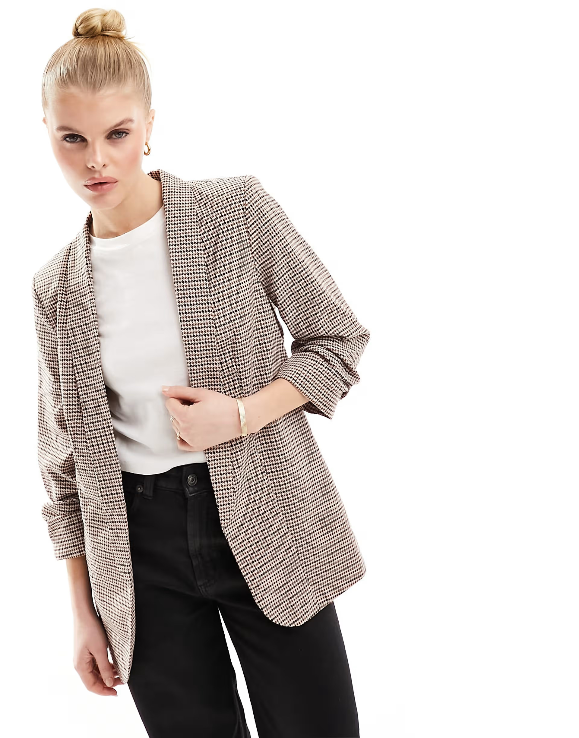 Pieces ruched sleeve blazer in check | ASOS (Global)