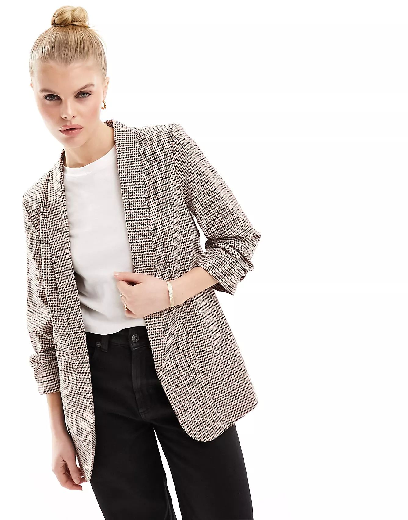 Pieces ruched sleeve blazer in check | ASOS (Global)