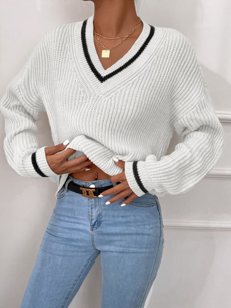 SHEIN Frenchy Striped Trim Drop Shoulder Cricket Sweater | SHEIN