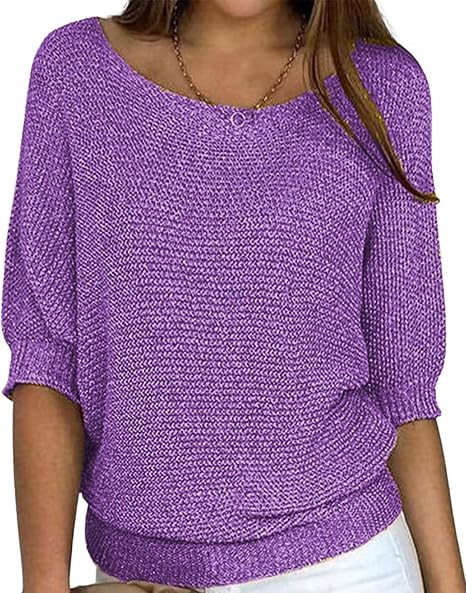Knit Sweaters for Women Round Neck 3/4 Sleeve Solid Color Loose Pullover Casual Lightweight Fall ... | Amazon (US)