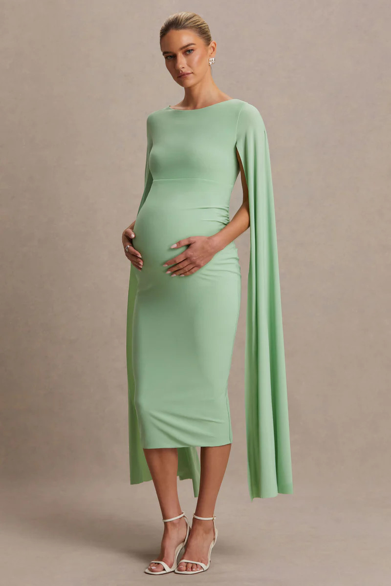 Providence  Light Green High-Neck Maternity Midi Dress With Cape Sleeves | Club L London
