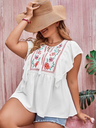 Plus Floral Embroidery Butterfly Sleeve Tie Neck Blouse | SHEIN