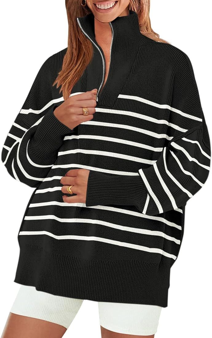 ZESICA Women's Striped Sweaters Half Zipper Long Sleeve Ribbed Knit Loose Oversized Fall Pullover... | Amazon (US)