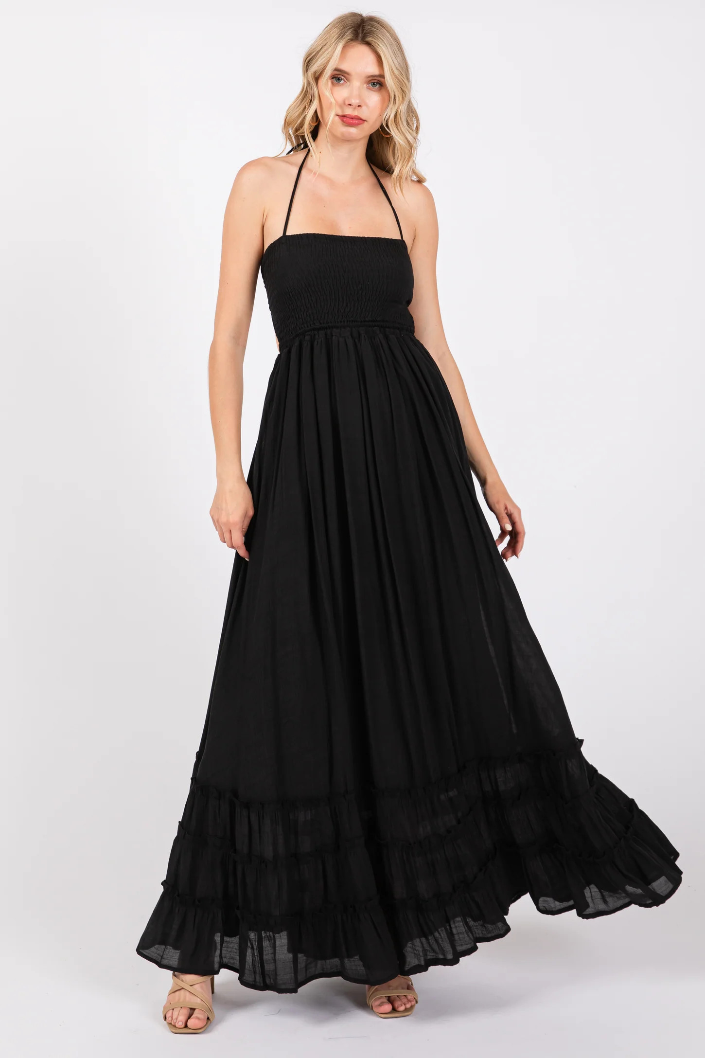 Black Smocked Halter Cutout Maxi Dress | PinkBlush Maternity