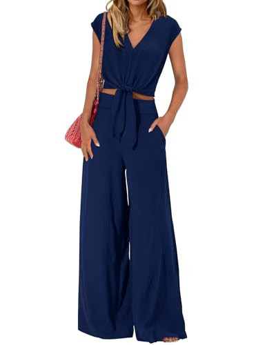 PRETTYGARDEN Two Piece Pants Set For Women Trendy Sleeveless Smocked Short Shirt Flowy Palazzo Pant Casual Lounge Wear(Solid Dark Blue,XX-Large) | Amazon (US)