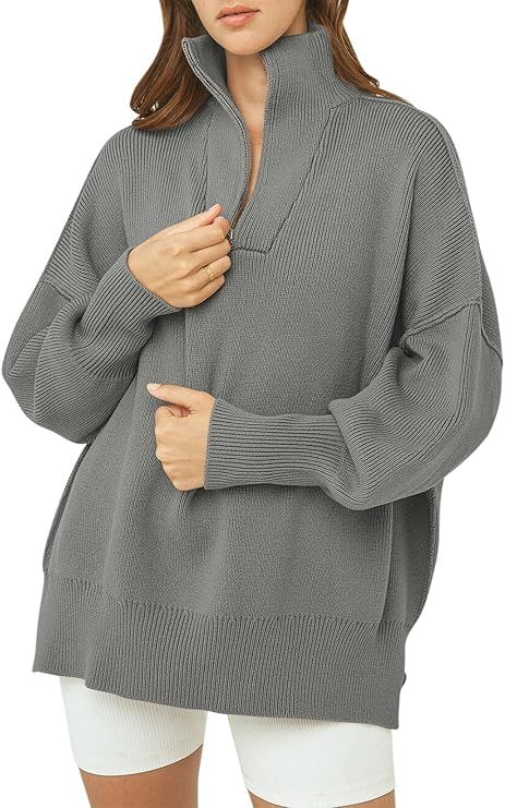ANRABESS Women's Oversized Sweater 2023 Fall Long Sleeve Quarter Zipper Collar Drop Shoulder Slou... | Amazon (US)