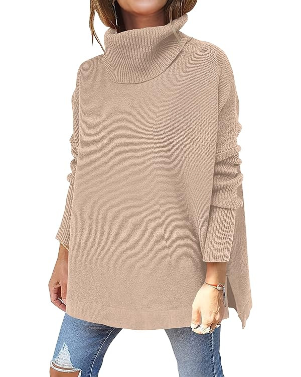 ANRABESS Women's Turtleneck Oversized 2023 Long Batwing Sleeve Spilt Hem Knit Tunic Pullover Swea... | Amazon (US)