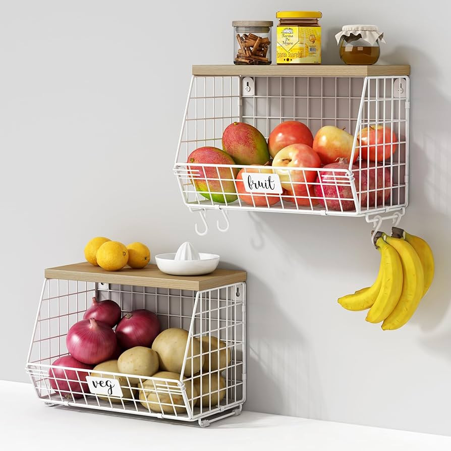 White Wire Basket Fruit Storage for Kitchen Counter Set of 2, Wall Mount Fruit Basket with Shelf ... | Amazon (US)