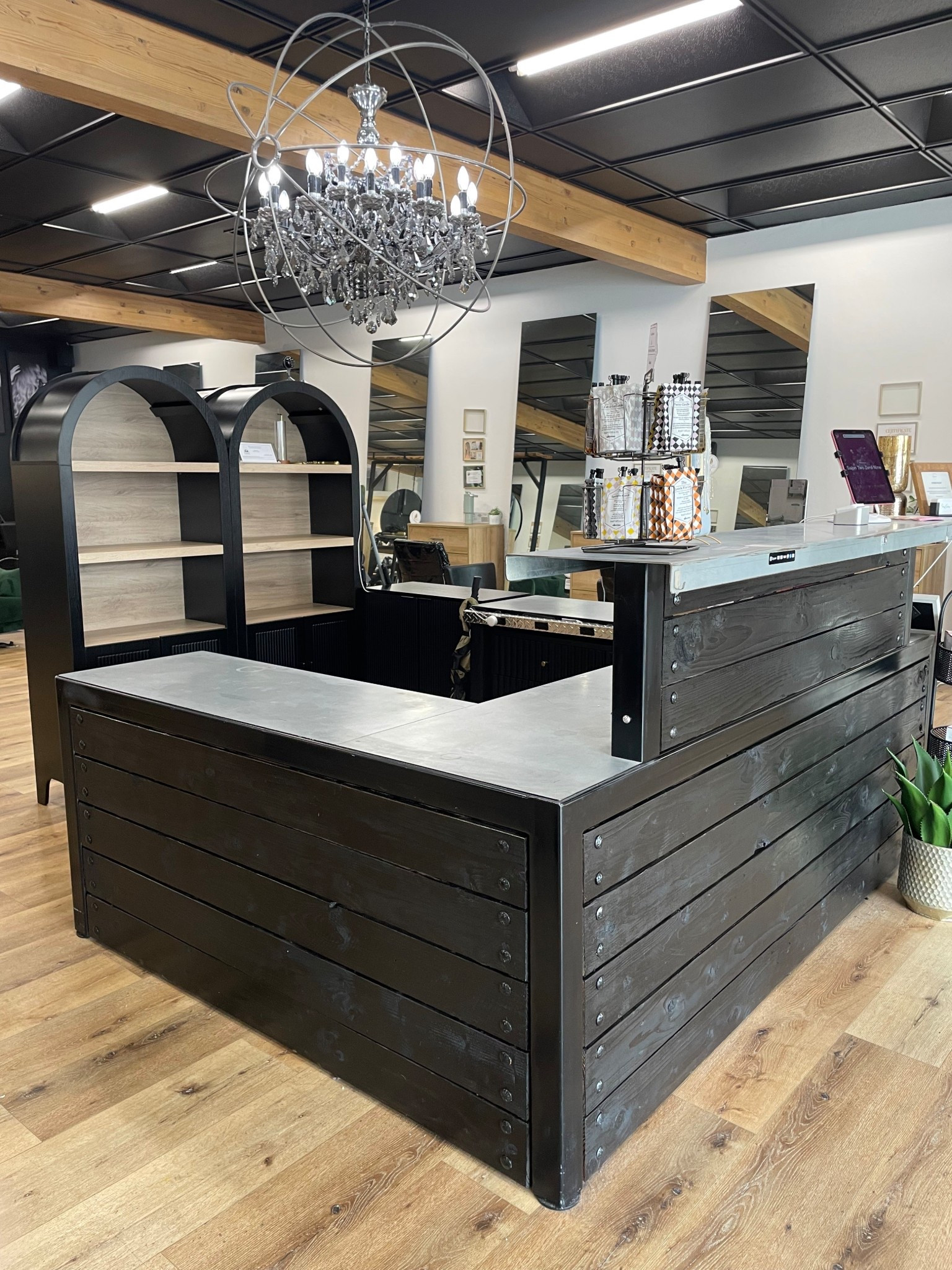 New shelves behind our salon front desk!