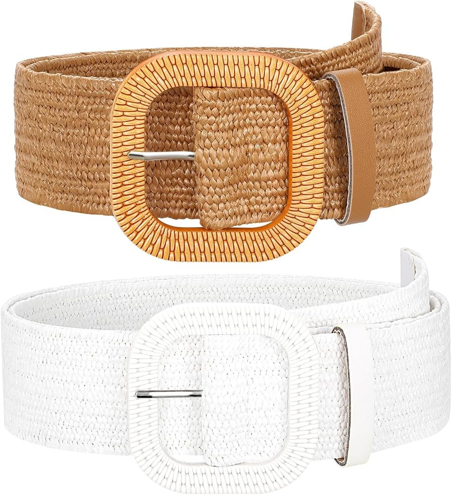 SUOSDEY 2 Pack Straw Woven Elastic Belt Braided Stretch Wide Boho Rattan Waist Belt for Women Dre... | Amazon (US)