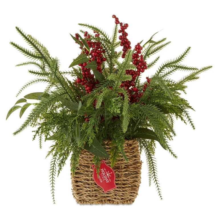 Winter Floral Basket with Berries Christmas Tabletop Decoration, Green and Red, 15", by Holiday T... | Walmart (US)