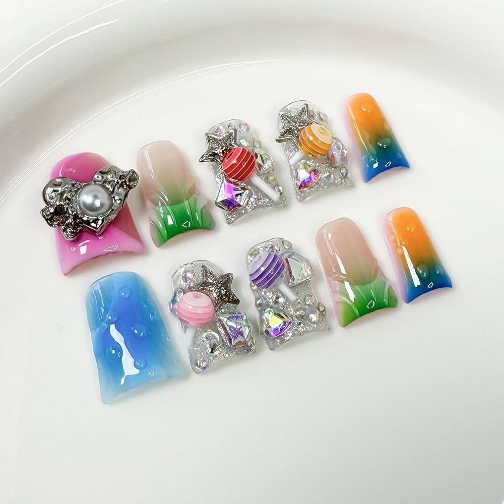 Handmade Press on Nails Short Duck 3D Cute Thick Acrylic Fake Nails French Tip False Nails with F... | Amazon (US)