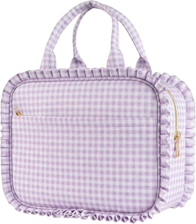Stylish Checkered Gingham Lunch Bag for Women, Ruffled Trim Lunch Box for Adult Girls, Large Capa... | Amazon (US)