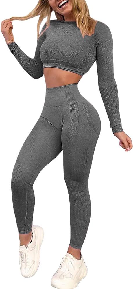 YOFIT Women's Workout Outfit 2 Pieces Seamless High Waist Yoga Leggings with Long Sleeve Crop Top Gy | Amazon (US)
