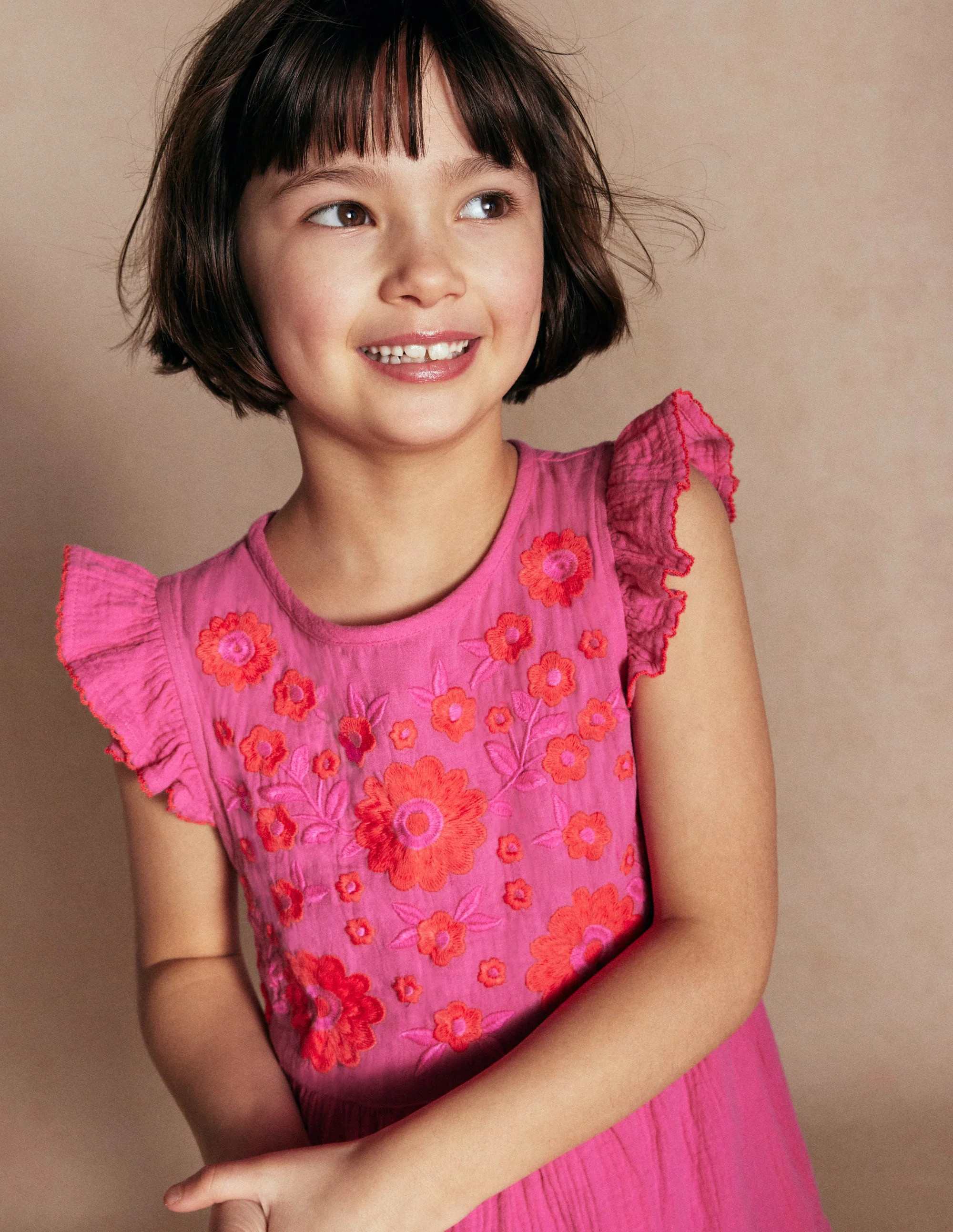 Tiered Doublecloth Dress-Sorbet Pink Embroidered | Boden UK