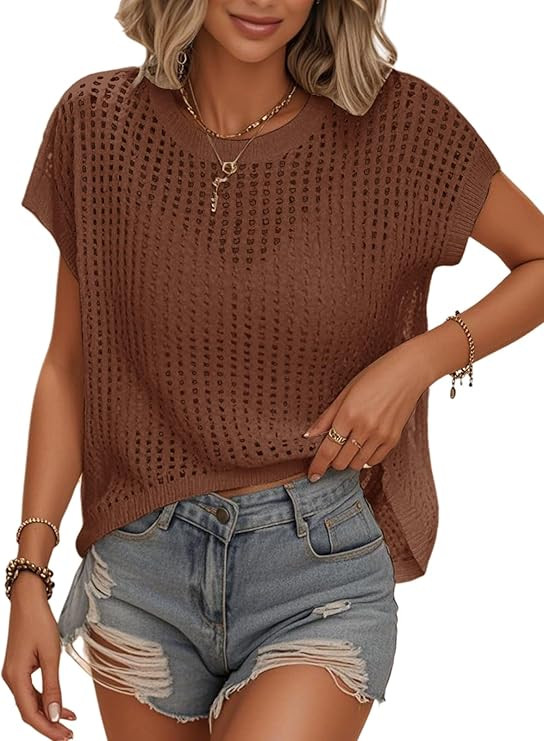 Womens Summer Crochet Tops Hollow Out Cap Sleeve Cover Up Tank Top Pullover Sweater Vest Beach Va... | Amazon (US)