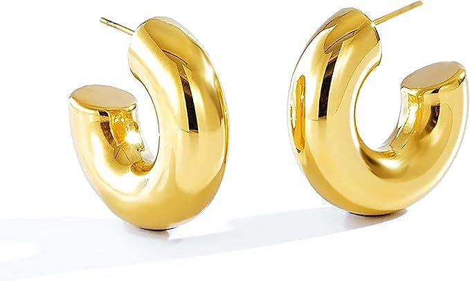CONRAN KREMIX Chunky Gold Hoops Earrings for Women Thick 18K Real Gold Circle Open Hoop Lightweig... | Amazon (US)