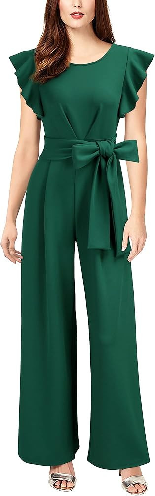 Knitee Women's Vintage Sleeveless Ruffle High Waist Wide Leg Romper Formal Long Jumpsuit with Bel... | Amazon (US)