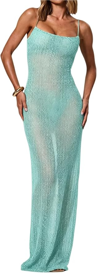 OYOANGLE Women's See Through Sparkly Sequin Mesh Cami Dress Sleeveless Fishtail Long Dresses | Amazon (US)
