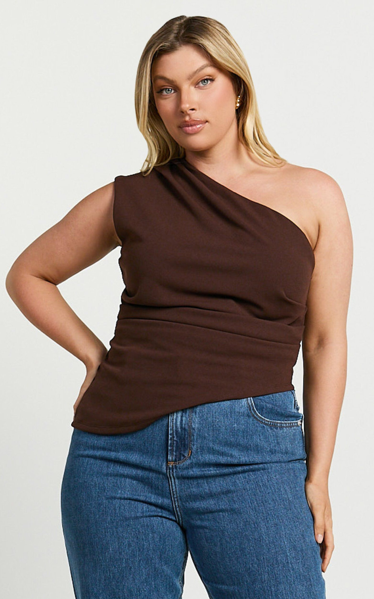 Amal Top - Asymmetrical One Shoulder Gathered Top in Chocolate | Showpo (US, UK & Europe)
