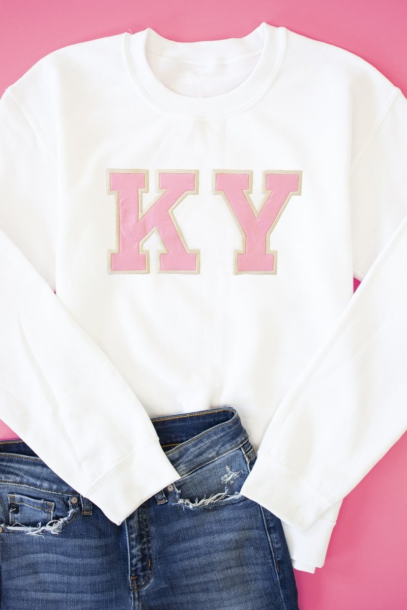 Pink State Letters White Applique Sweatshirt | The Pink Lily Boutique