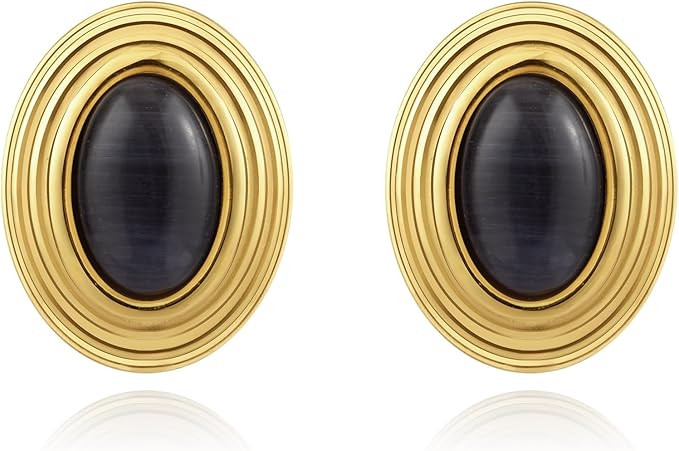 18k Gold Plated Stud Earrings Oval Natural Stone Small Stainless Steel Stud Earring for Women Gir... | Amazon (UK)
