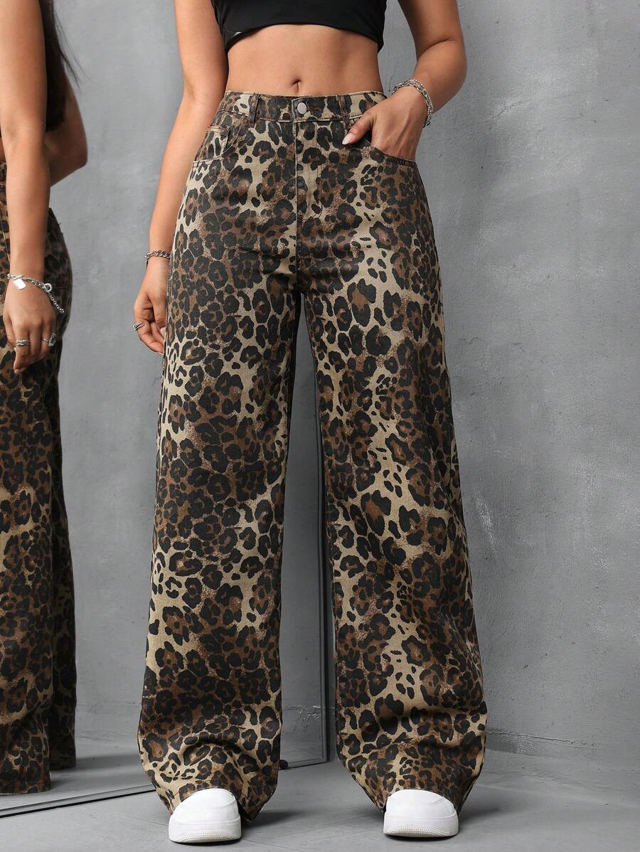 SHEIN Tall Women Leopard Print Loose Straight Leg Denim Pants | SHEIN