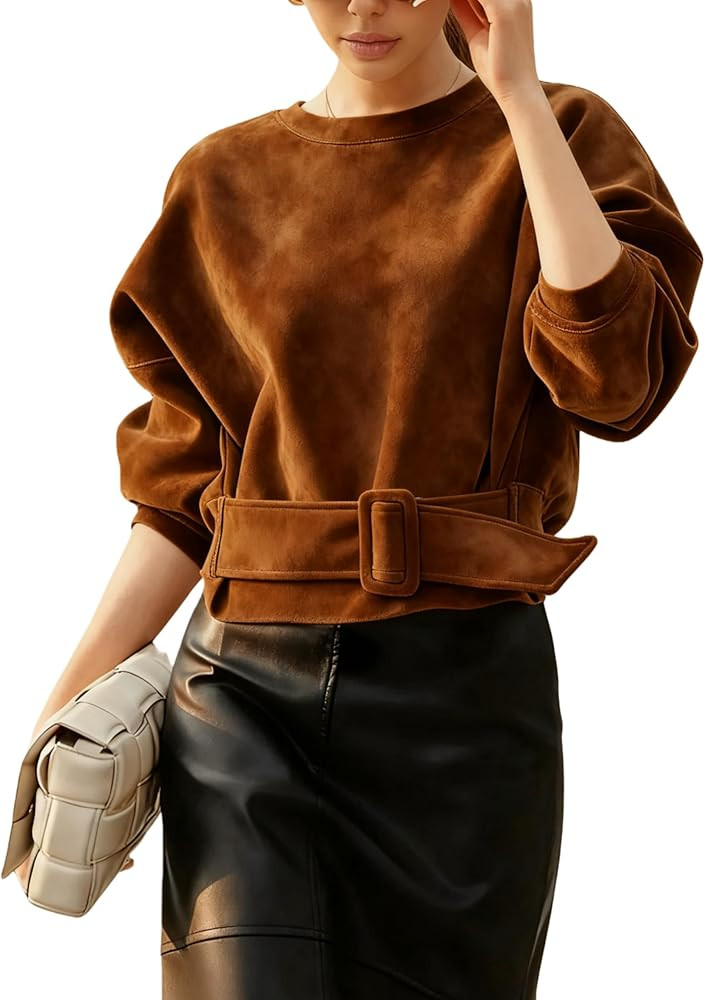 Yidarer Women Suede Cropped Pullover Sweatshirt Long Sleeve Crew Neck Belted Y2K Lace Up Top Casu... | Amazon (US)