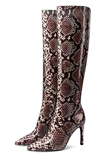 Jimishow Women's Snakeskin Boots Brown Knee High Heels Stiletto Heeled Pointy Snake Skin Printing Fashion Boots | Amazon (US)
