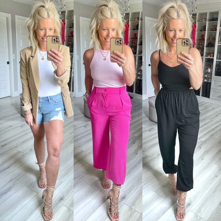 3 looks with strappy heels! And of course the always look great with dresses!
Shorts size 4, tank and blazer size medium 
Pink pants small, tank medium
Jumpsuit size small 
Heels TTS 

#LTKunder100 #LTKstyletip #LTKunder50