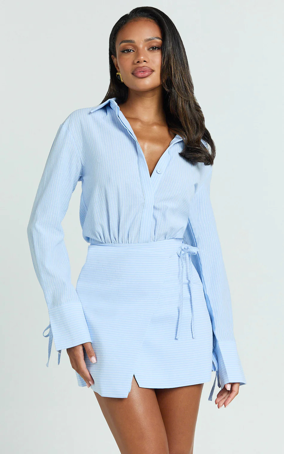 Heath Mini Dress - Pinstripe Collared Button Up Shirt Dress in Blue | Showpo (US, UK & Europe)