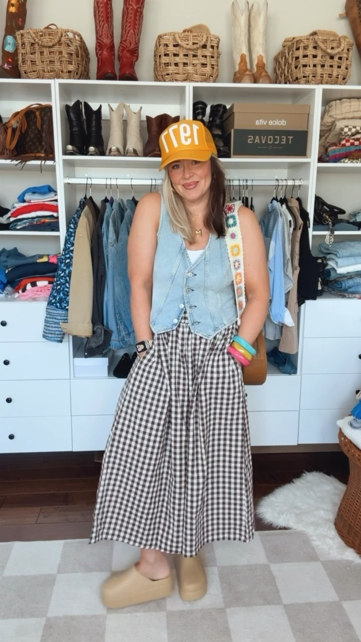 These gingham pants from Amazon are so dang cute and only $25. They come in more colors and I’m wearing my true size. 
I’m wearing a medium in this tank and denim vest too.  I size down in crocs and these are so comfy and amazing! 

#LTKWatchNow #LTKOver40 #LTKStyleTip