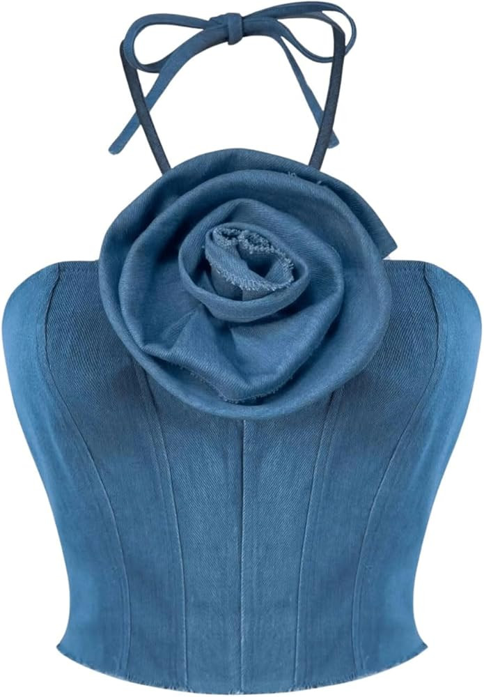 SOLY HUX Women's Halter Tie Back Shirred 3D Floral Appliques Cami Crop Top Party Tops | Amazon (US)