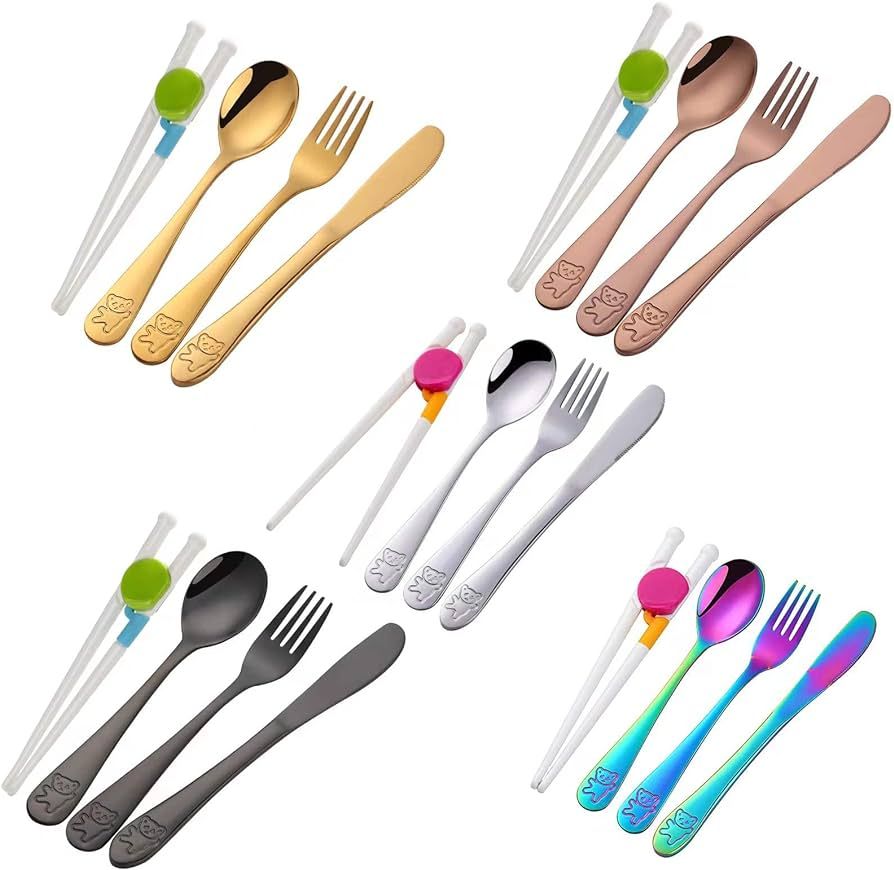 Kids Silverware, Poylim Stainless Steel Children Flatware Set, Toddler Utensils Set of 5, Multi C... | Amazon (US)