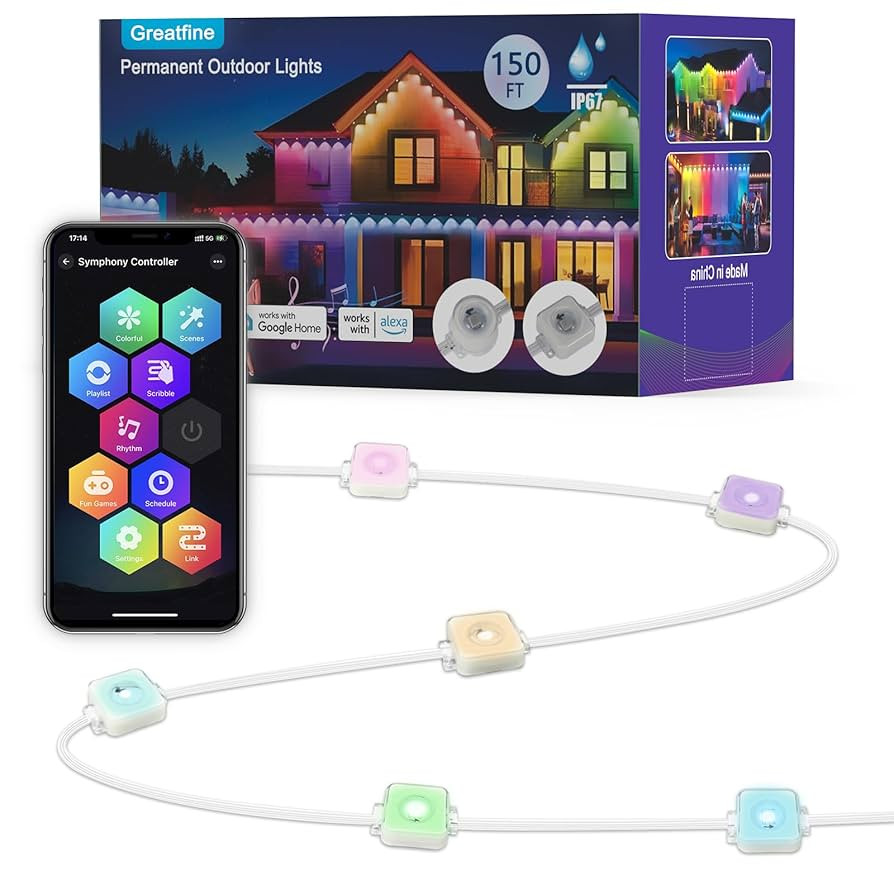 Greatfine Permanent Outdoor Lights, 150ft with 90 Smart RGB+IC LED Eave Lights, 66 Scene Modes, I... | Amazon (US)